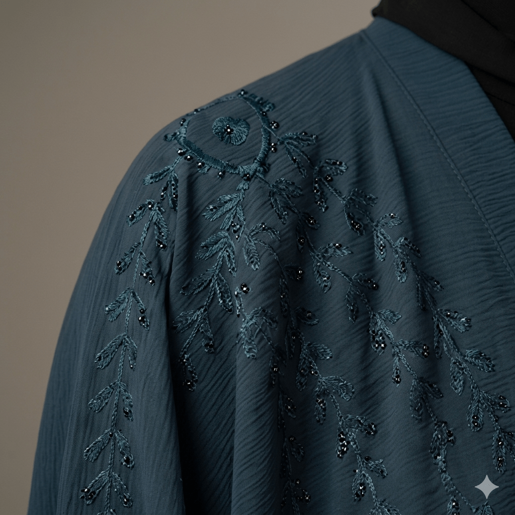 Embroidered Tassel Sleeve Belted Open-Front Abaya – Blue Nida | Canada