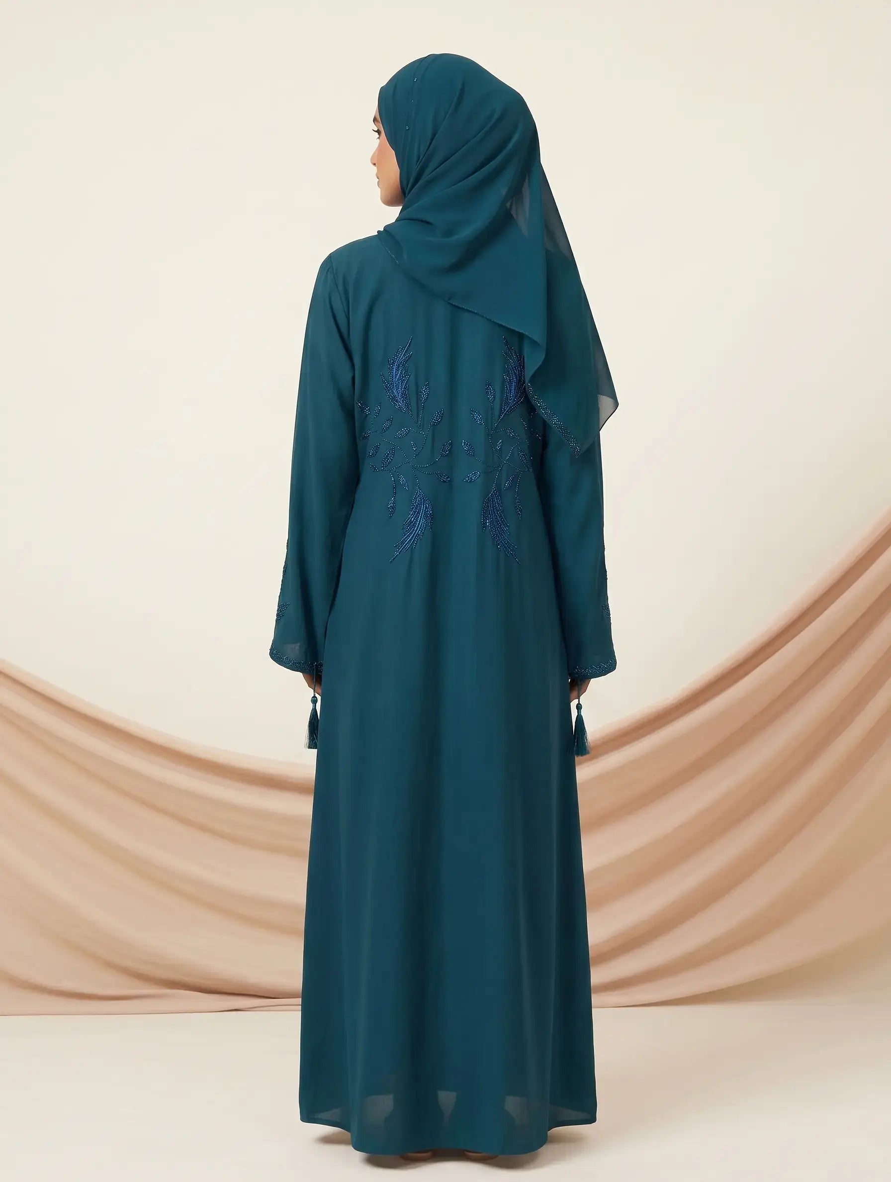 Floral Beaded Embroidery Tassel Cuff Front Open Abaya – 2-Piece Set