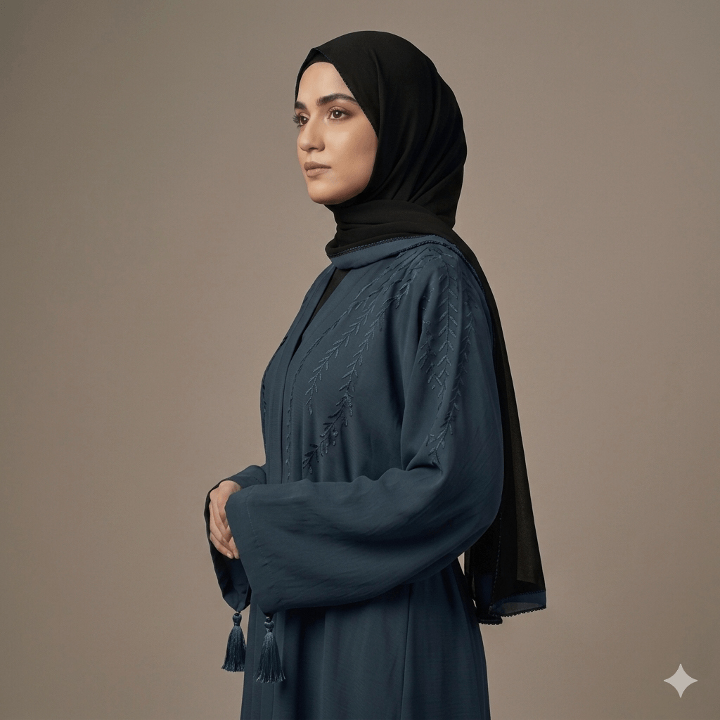 Embroidered Tassel Sleeve Belted Open-Front Abaya – Blue Nida | Canada