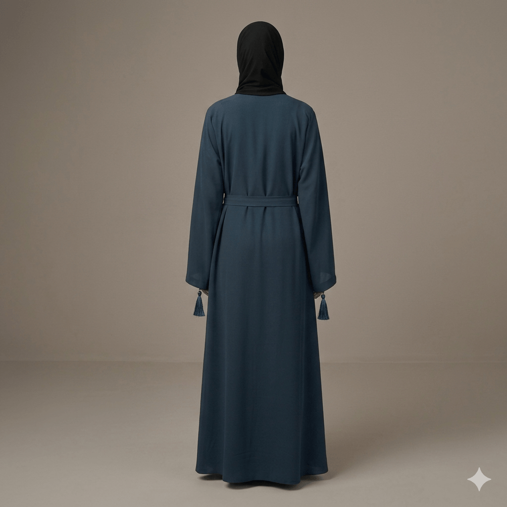 Embroidered Tassel Sleeve Belted Open-Front Abaya – Blue Nida | Canada