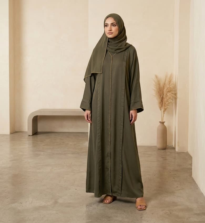 Gold Piping Pleat Front Open Abaya – 2-Piece Luxury Party Wear Modest Fashion Canada