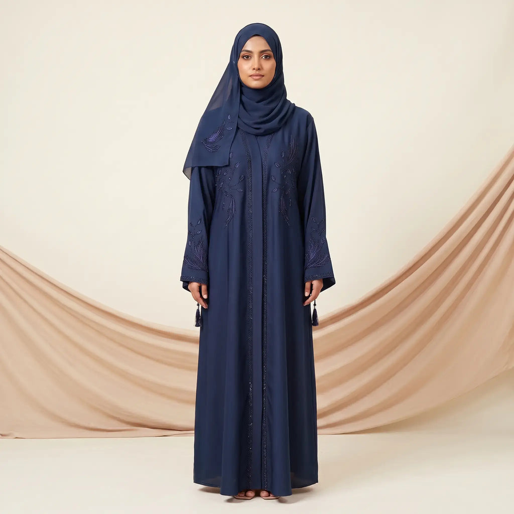 Floral Beaded Embroidery Tassel Cuff Front Open Abaya – 2-Piece Set