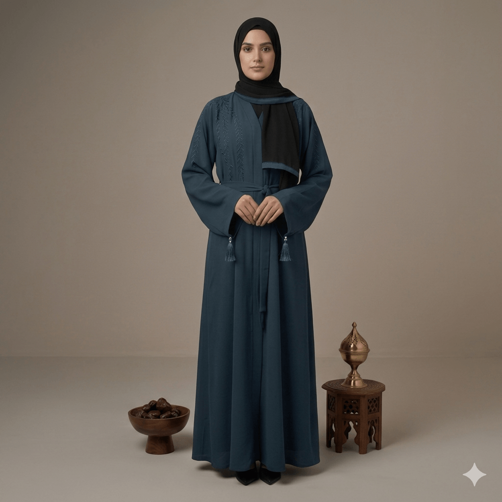 Embroidered Tassel Sleeve Belted Open-Front Abaya – Blue Nida | Canada
