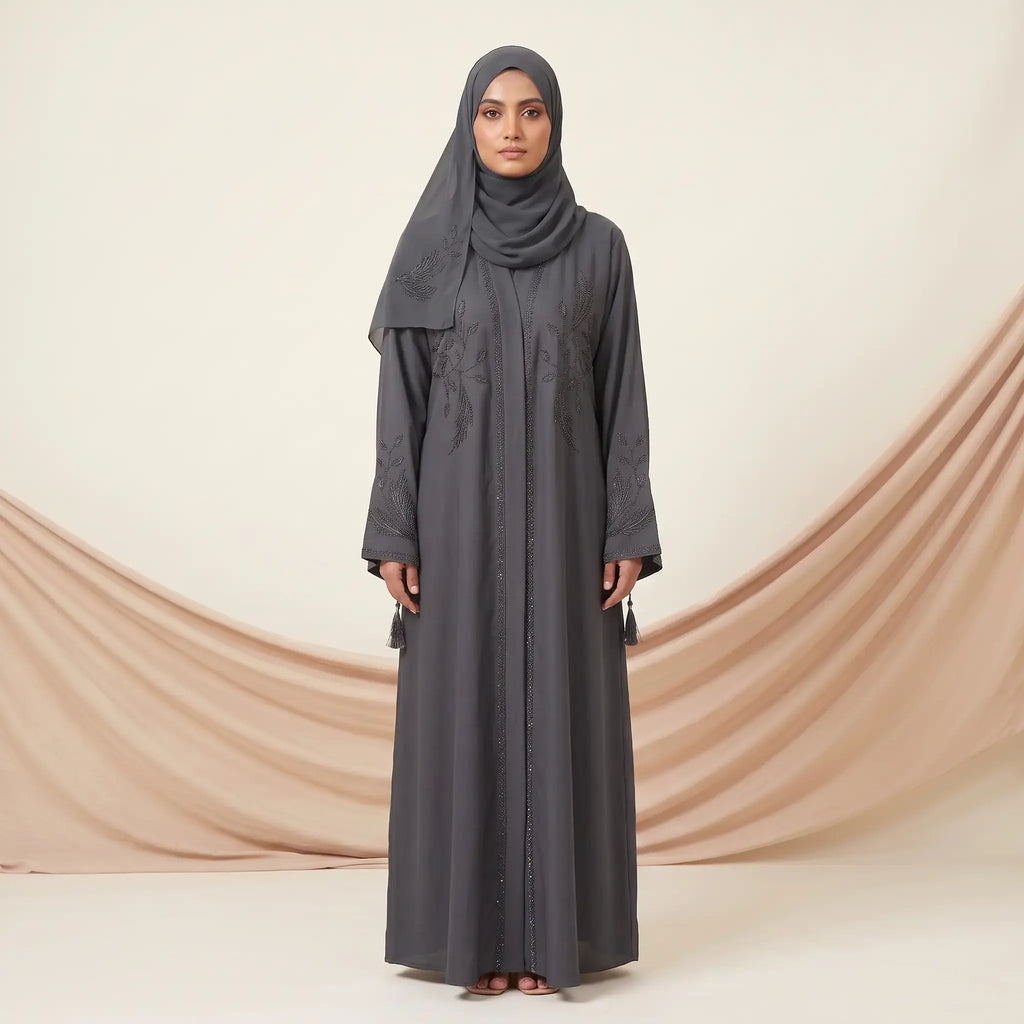 Floral Beaded Embroidery Tassel Cuff Front Open Abaya – 2-Piece Set
