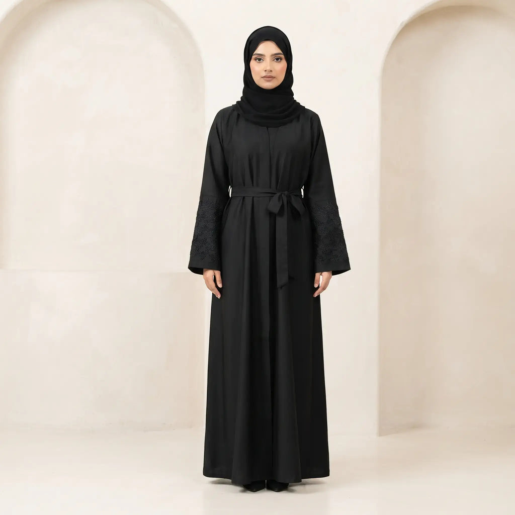 Embroidered Cuff Belted Abaya – 2-Piece Set with Matching Scarf