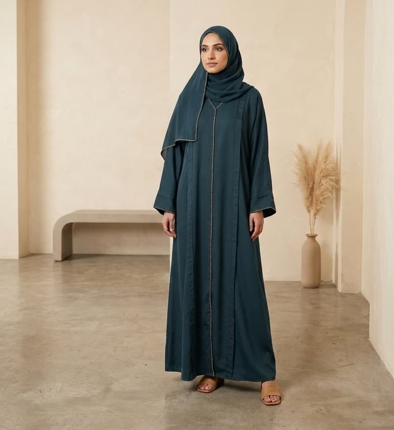 Gold Piping Pleat Front Open Abaya – 2-Piece Luxury Party Wear Modest Fashion Canada