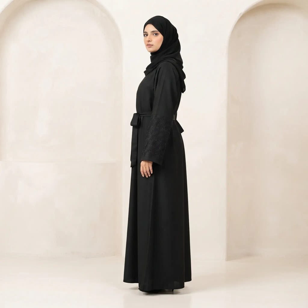 Embroidered Cuff Belted Abaya – 2-Piece Set with Matching Scarf