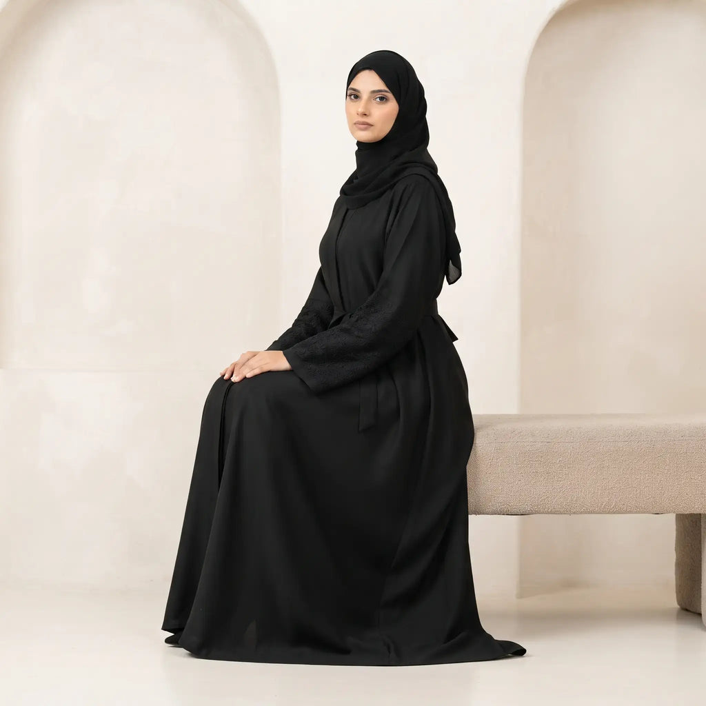 Embroidered Cuff Belted Abaya – 2-Piece Set with Matching Scarf