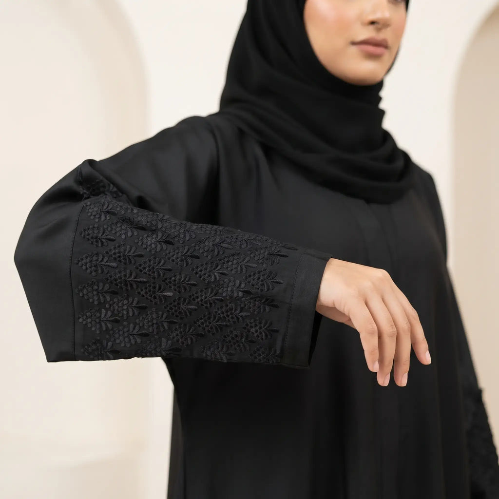 Embroidered Cuff Belted Abaya – 2-Piece Set with Matching Scarf