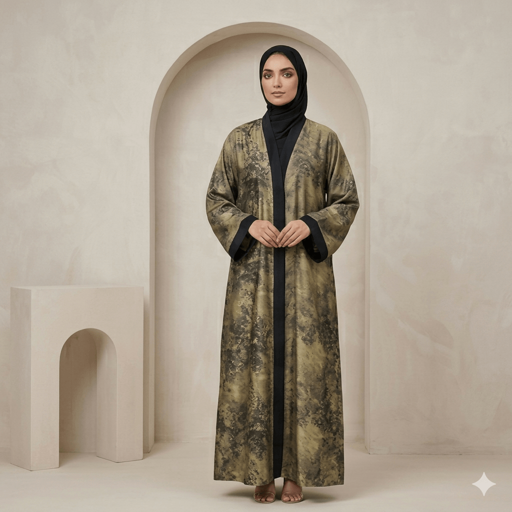 Marble Print Crystal Trim Open-Front Abaya with Black Scarf – 2 Piece Set