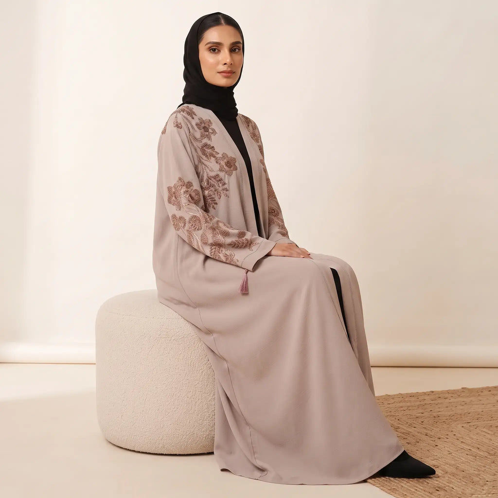 Floral Leaf Stone Work Tassel Cuff Front Open Abaya – 2-Piece Set