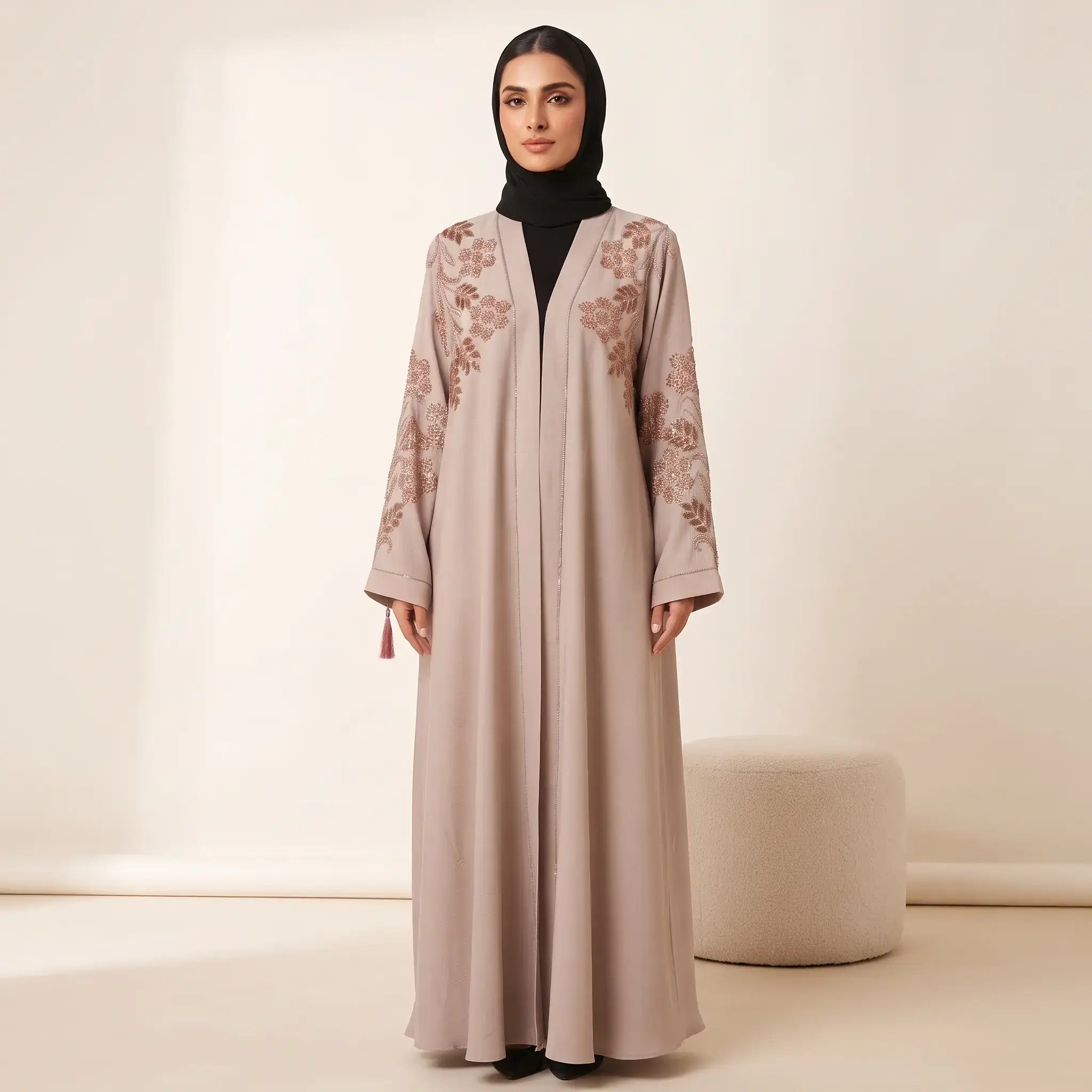 Floral Leaf Stone Work Tassel Cuff Front Open Abaya – 2-Piece Set