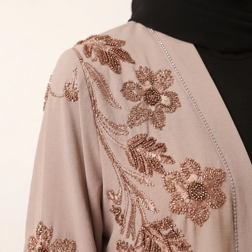 Floral Leaf Stone Work Tassel Cuff Front Open Abaya – 2-Piece Set