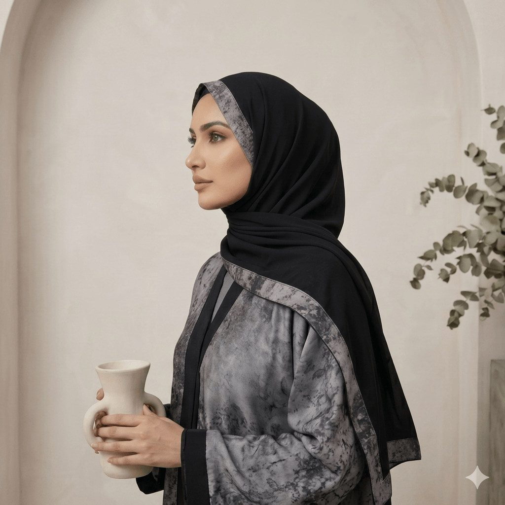 Marble Print Crystal Trim Open-Front Abaya with Black Scarf – 2 Piece Set