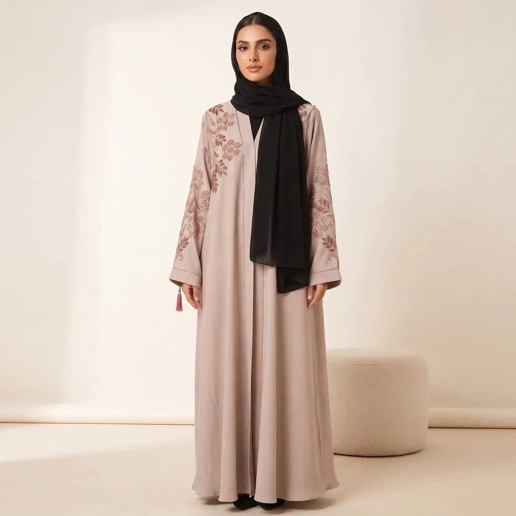 Floral Leaf Stone Work Tassel Cuff Front Open Abaya – 2-Piece Set