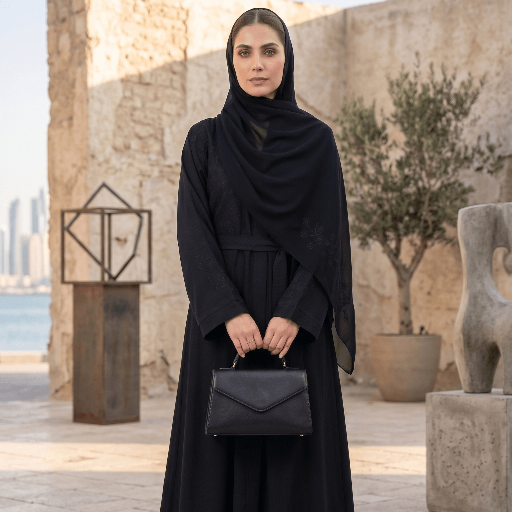 Embroidered Abaya with Scarf – 2 Piece Set