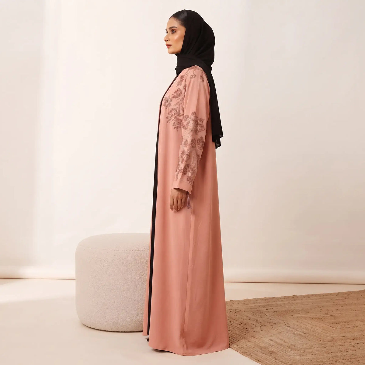 Floral Leaf Stone Work Tassel Cuff Front Open Abaya – 2-Piece Set