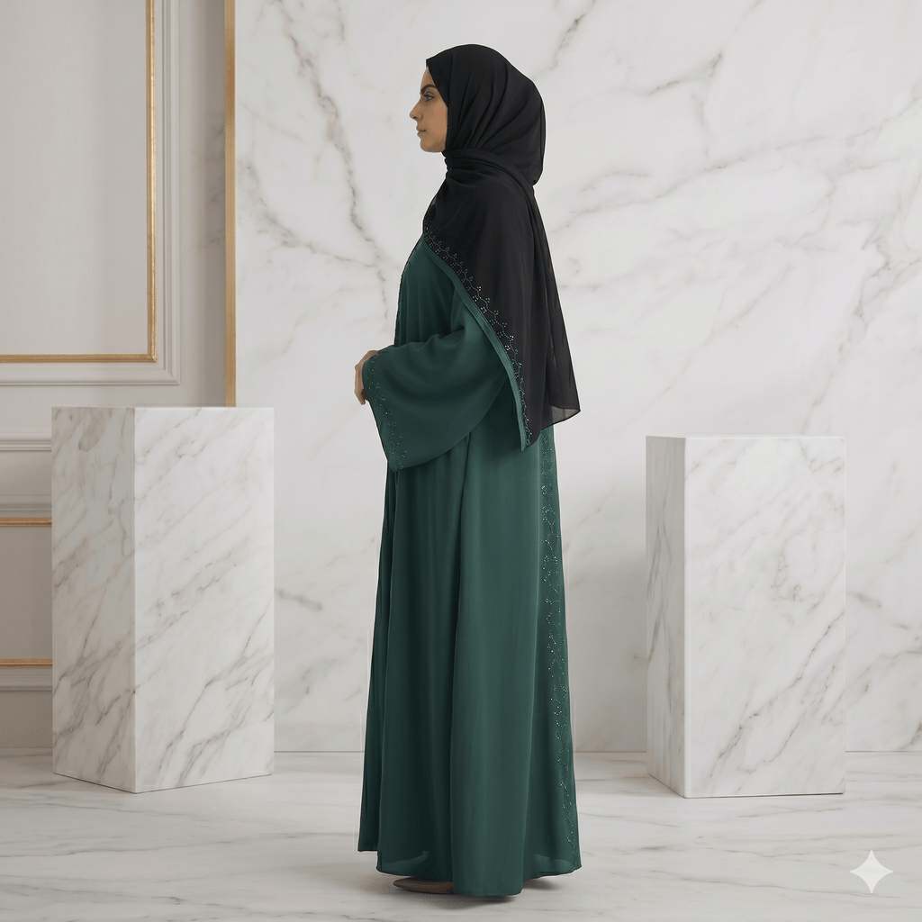 2PC Front Open Stone Work Abaya with Bell Sleeves – Nida Fabric