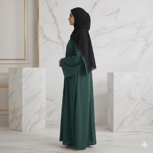 2PC Front Open Stone Work Abaya with Bell Sleeves – Nida Fabric