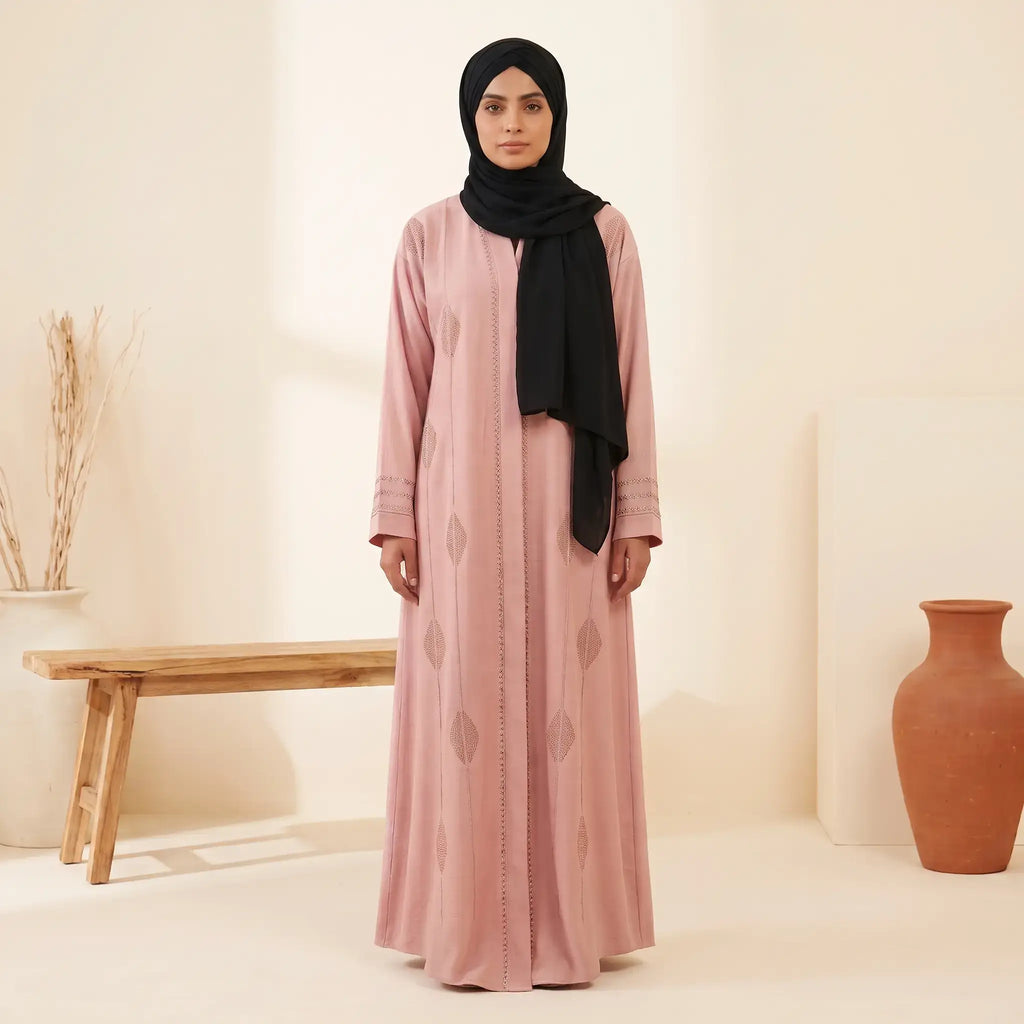 Diamond Bead & Zigzag Pleat Front Open Abaya in Blush Pink – side view