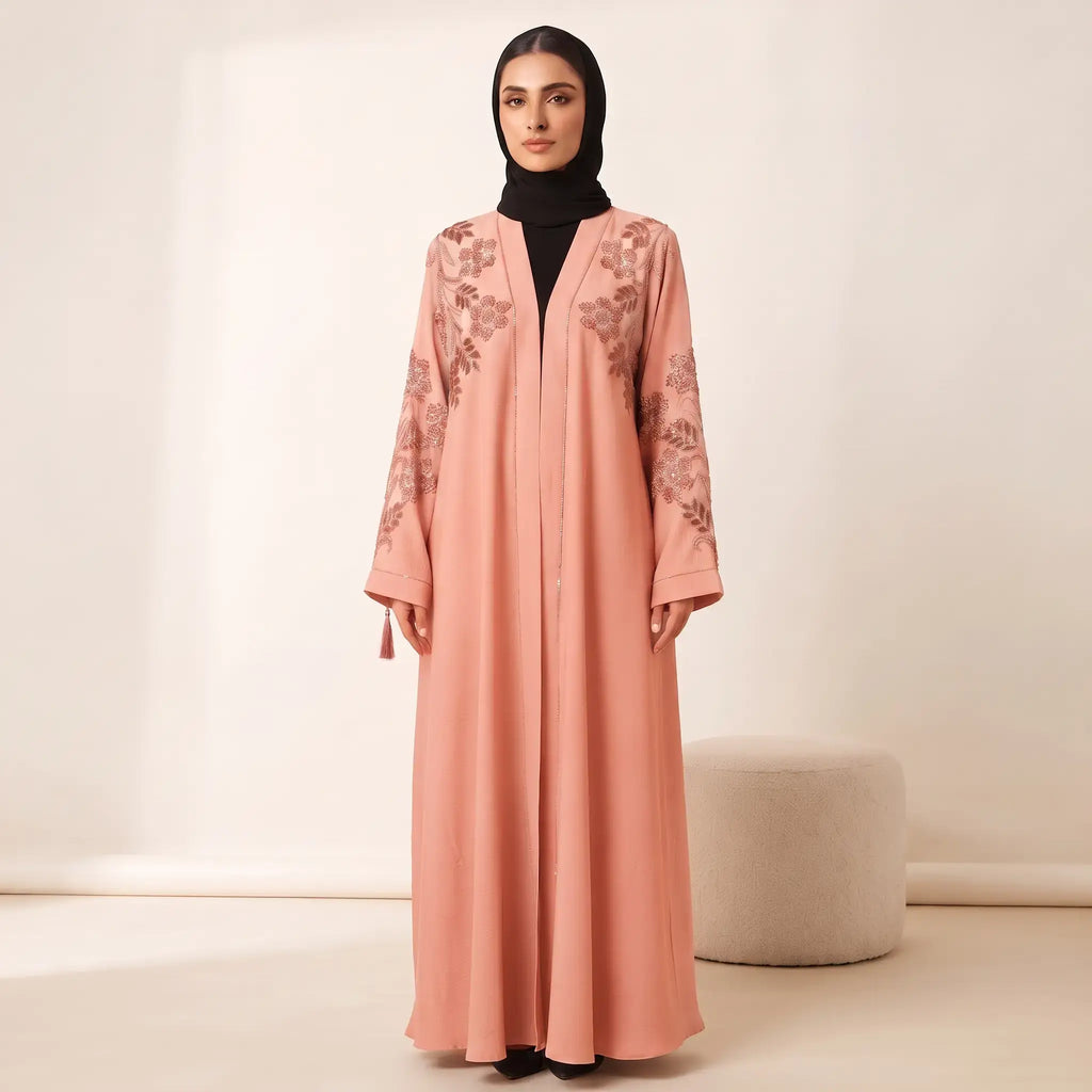 Floral Leaf Stone Work Tassel Cuff Front Open Abaya – 2-Piece Set