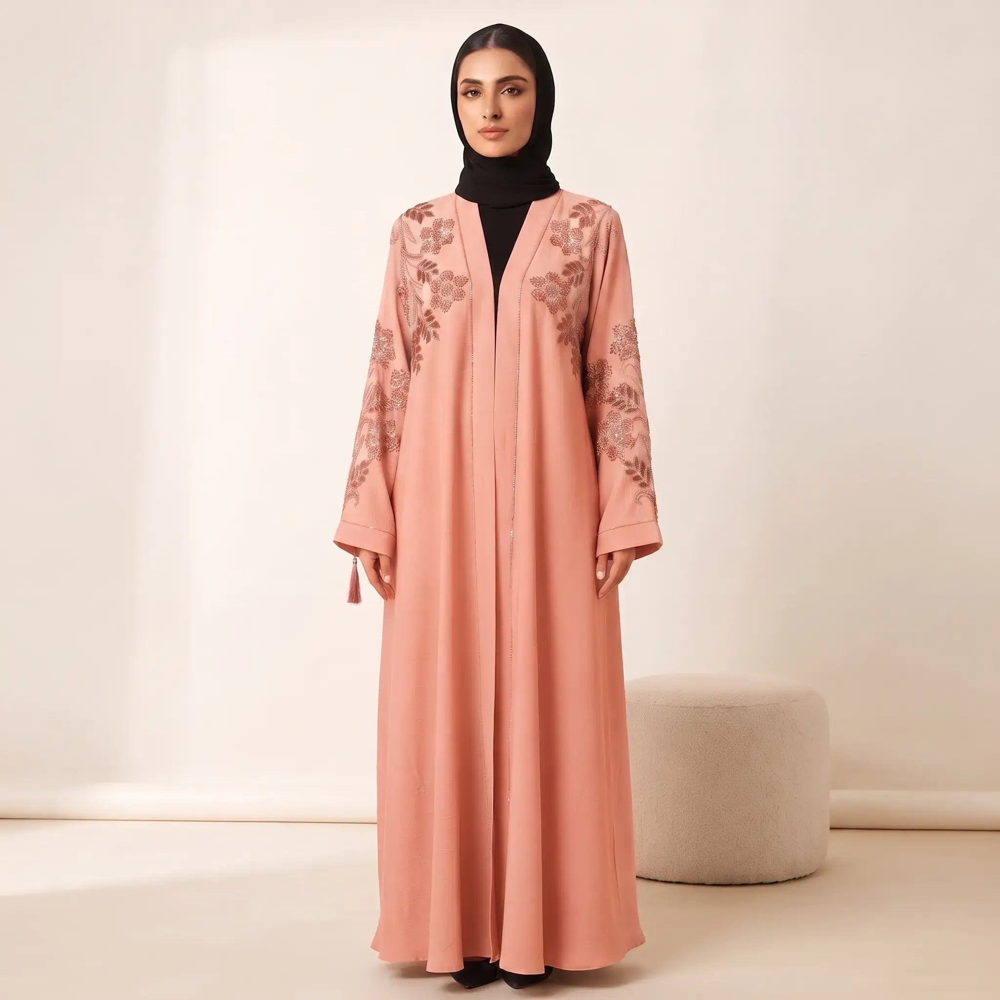 Floral Leaf Stone Work Tassel Cuff Front Open Abaya – 2-Piece Set