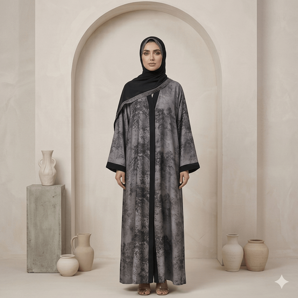 Marble Print Crystal Trim Open-Front Abaya with Black Scarf – 2 Piece Set