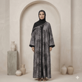 Marble Print Crystal Trim Open-Front Abaya with Black Scarf – 2 Piece Set