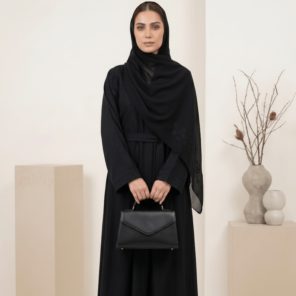 Embroidered Abaya with Scarf – 2 Piece Set