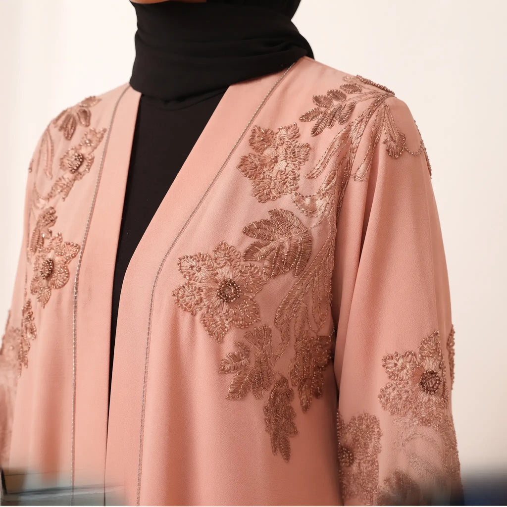 Floral Leaf Stone Work Tassel Cuff Front Open Abaya – 2-Piece Set