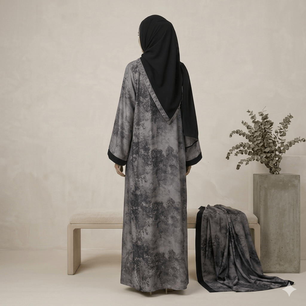 Marble Print Crystal Trim Open-Front Abaya with Black Scarf – 2 Piece Set