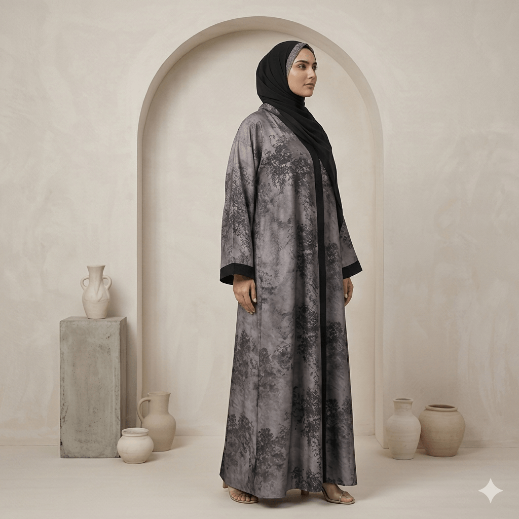 Marble Print Crystal Trim Open-Front Abaya with Black Scarf – 2 Piece Set