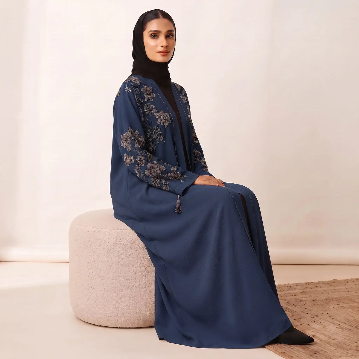 Floral Leaf Stone Work Tassel Cuff Front Open Abaya – 2-Piece Set