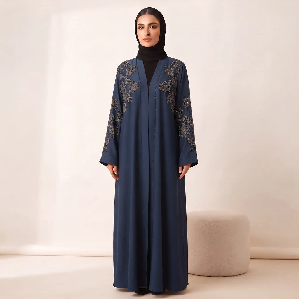 Floral Leaf Stone Work Tassel Cuff Front Open Abaya – 2-Piece Set