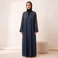 Floral Leaf Stone Work Tassel Cuff Front Open Abaya – 2-Piece Set