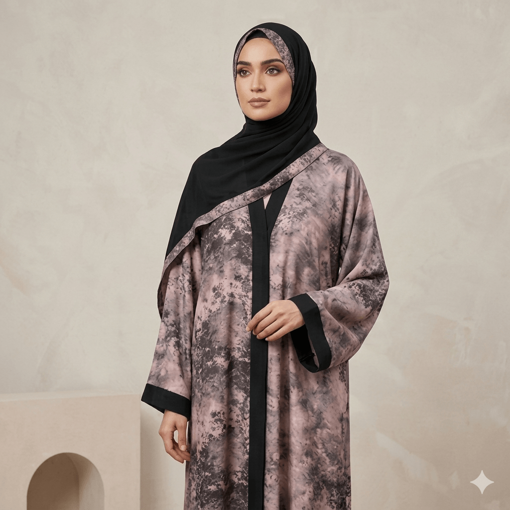 Marble Print Crystal Trim Open-Front Abaya with Black Scarf – 2 Piece Set