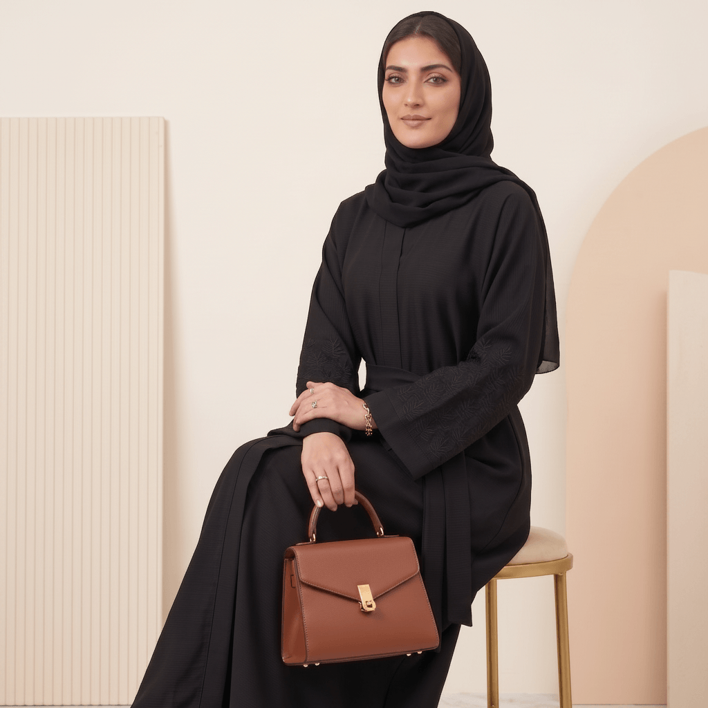 Belted Pleat-Front Abaya with Scarf – 2 Piece Set