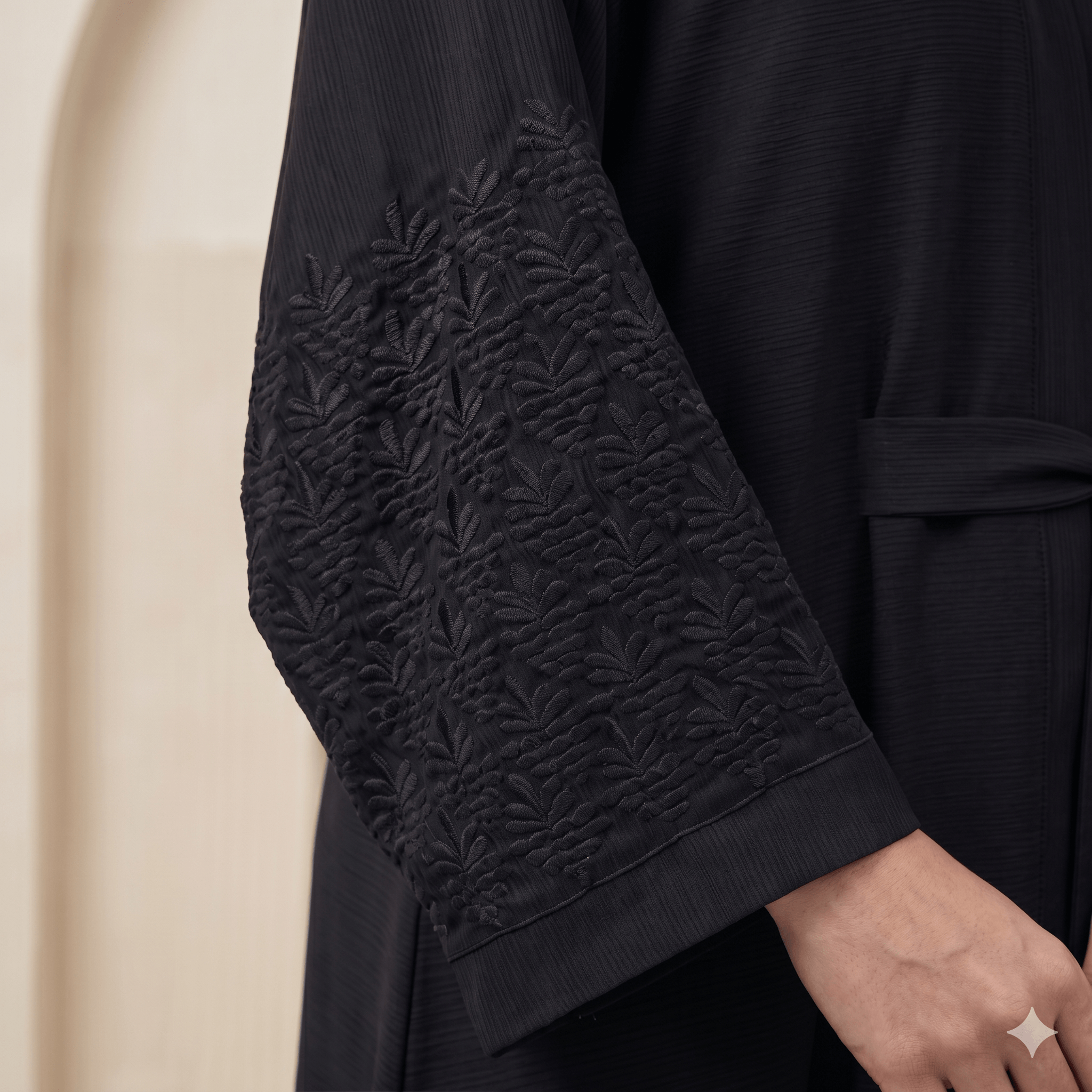 Belted Pleat-Front Abaya with Scarf – 2 Piece Set