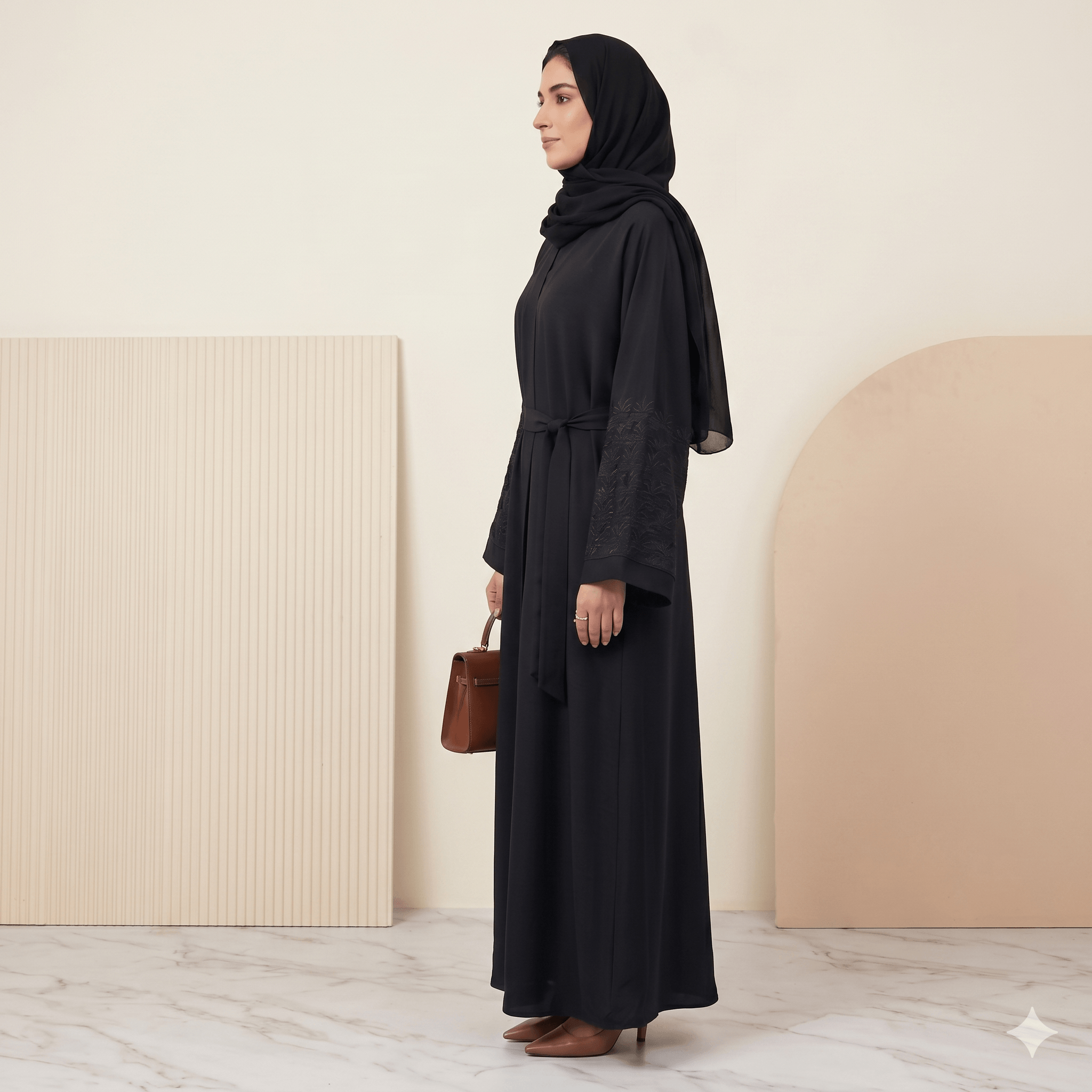 Belted Pleat-Front Abaya with Scarf – 2 Piece Set