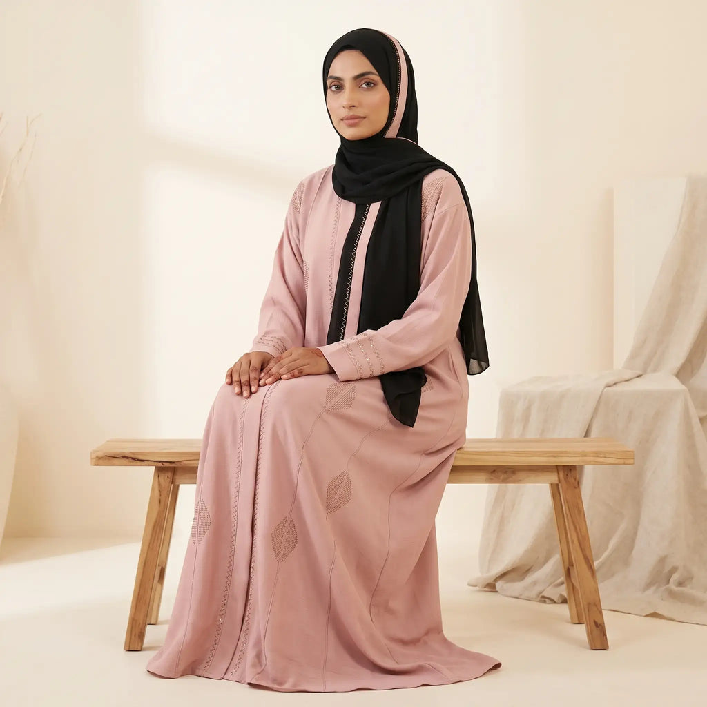 Diamond Bead & Zigzag Pleat Front Open Abaya in Grey – full length front