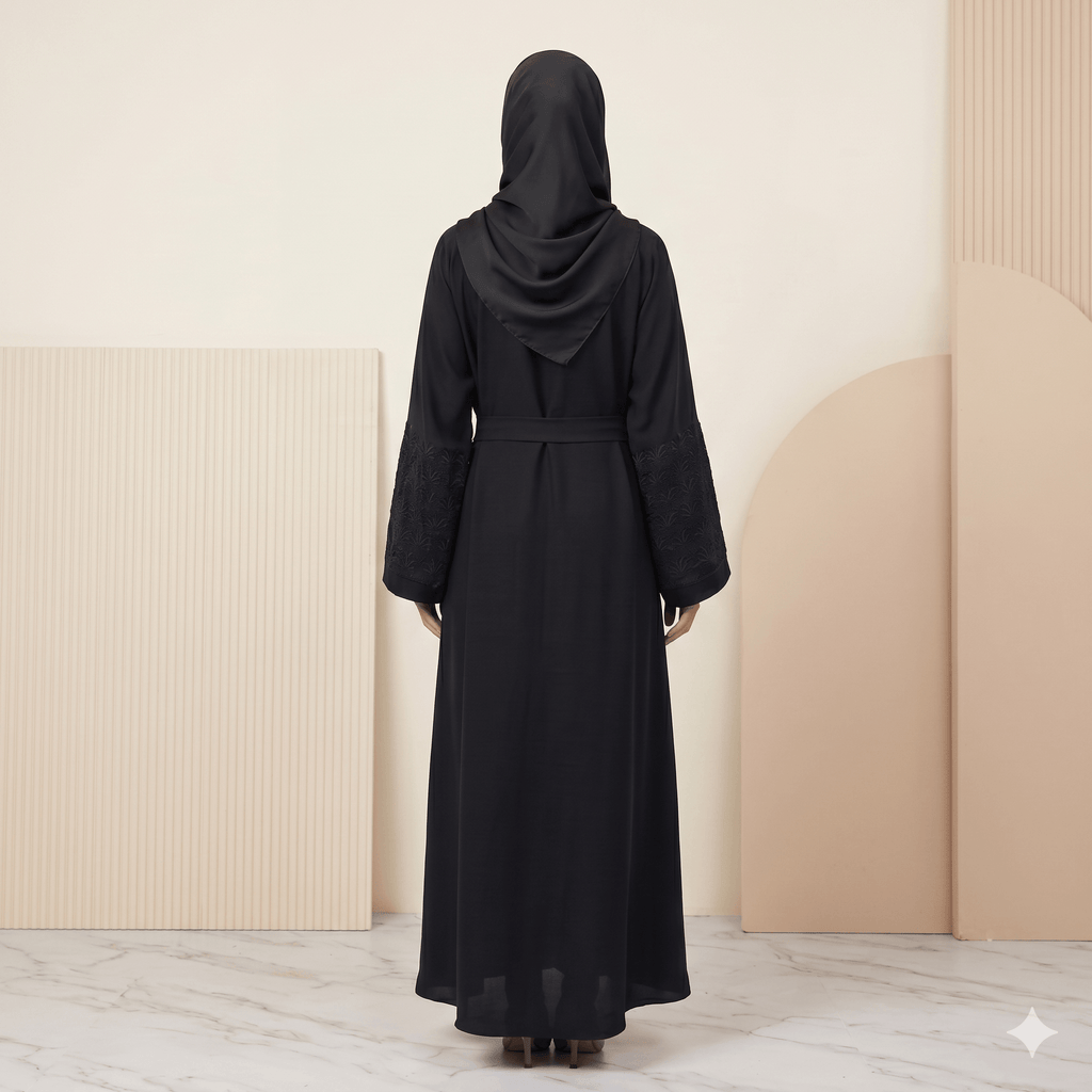 Belted Pleat-Front Abaya with Scarf – 2 Piece Set