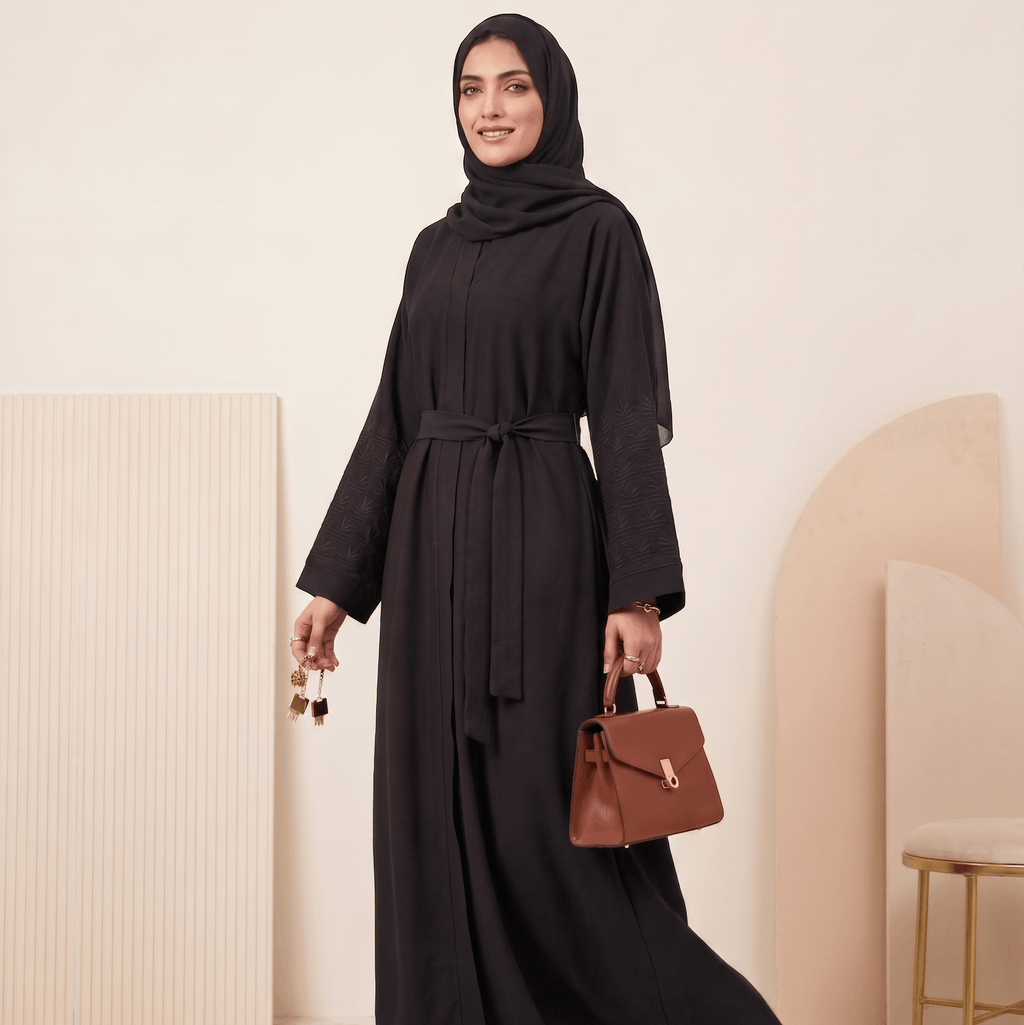 Belted Pleat-Front Abaya with Scarf – 2 Piece Set
