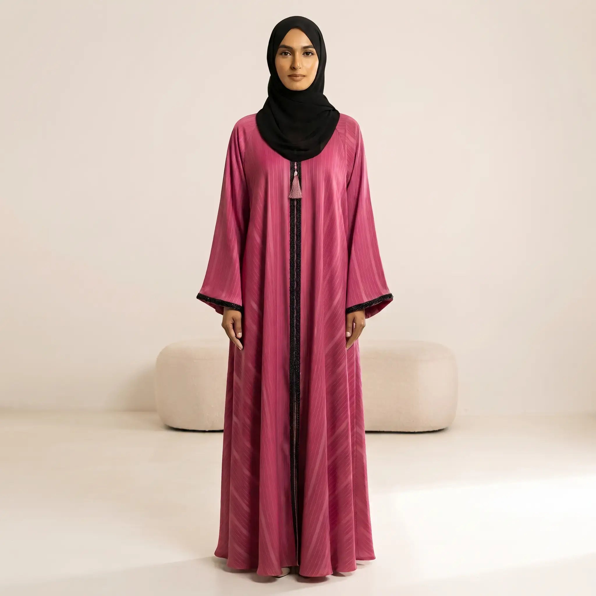Beaded Herringbone Trim Tassel Front Open Abaya – 2-Piece Set