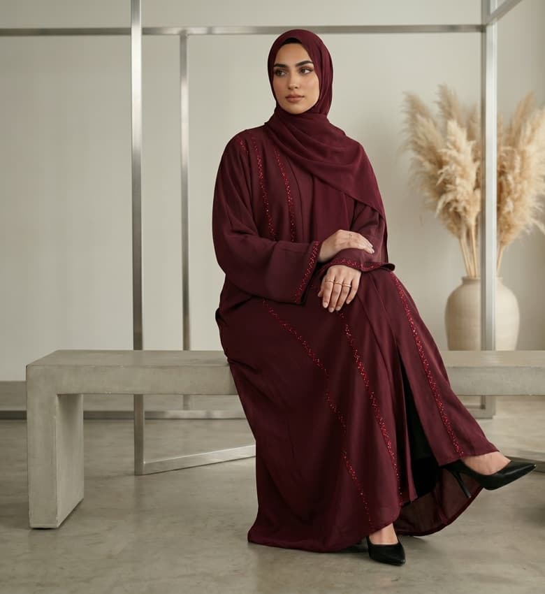 Stone Shimmer Pleated Sleeve Front Open Abaya – 2-Piece Luxury Party Wear Modest Fashion Canada
