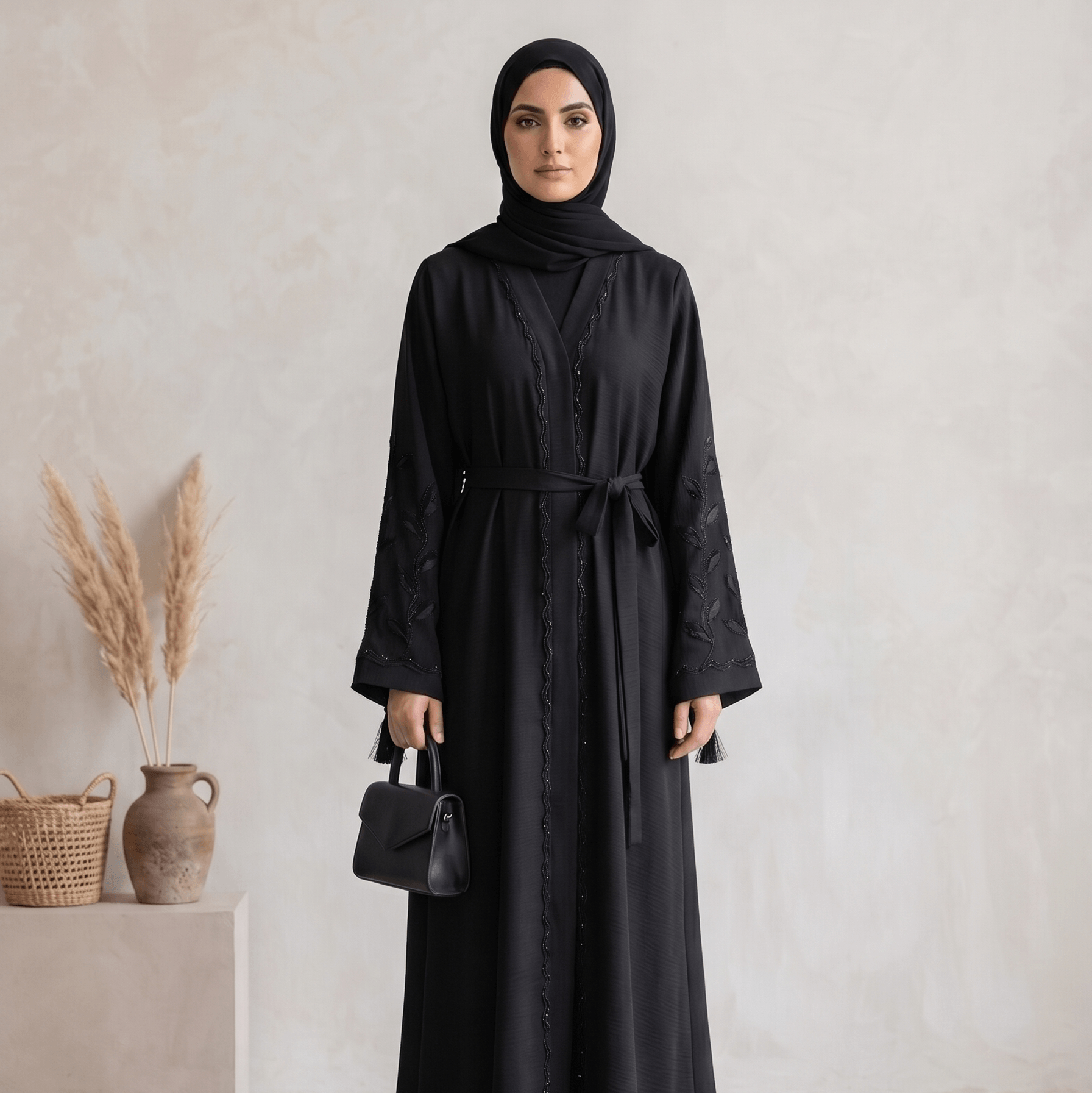 Tassel & Bead Trim Abaya with Scarf – 2 Piece Set