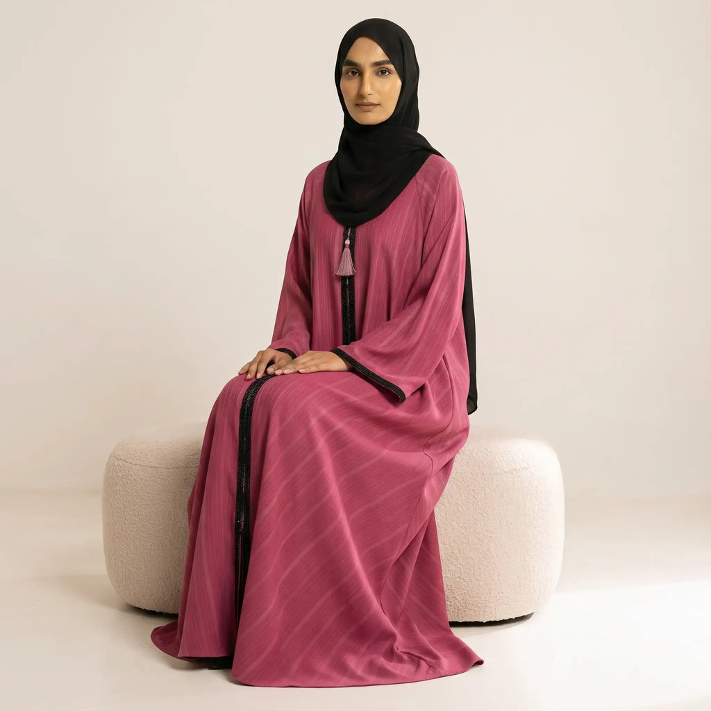 Beaded Herringbone Trim Tassel Front Open Abaya – 2-Piece Set
