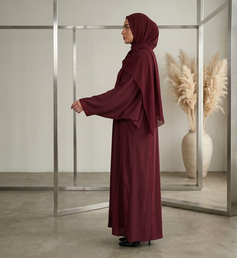 Stone Shimmer Pleated Sleeve Front Open Abaya – 2-Piece Luxury Party Wear Modest Fashion Canada