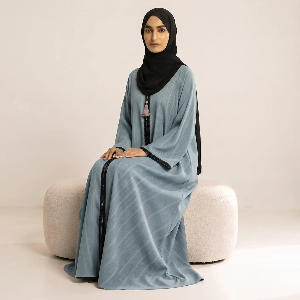 Beaded Herringbone Trim Tassel Front Open Abaya – 2-Piece Set
