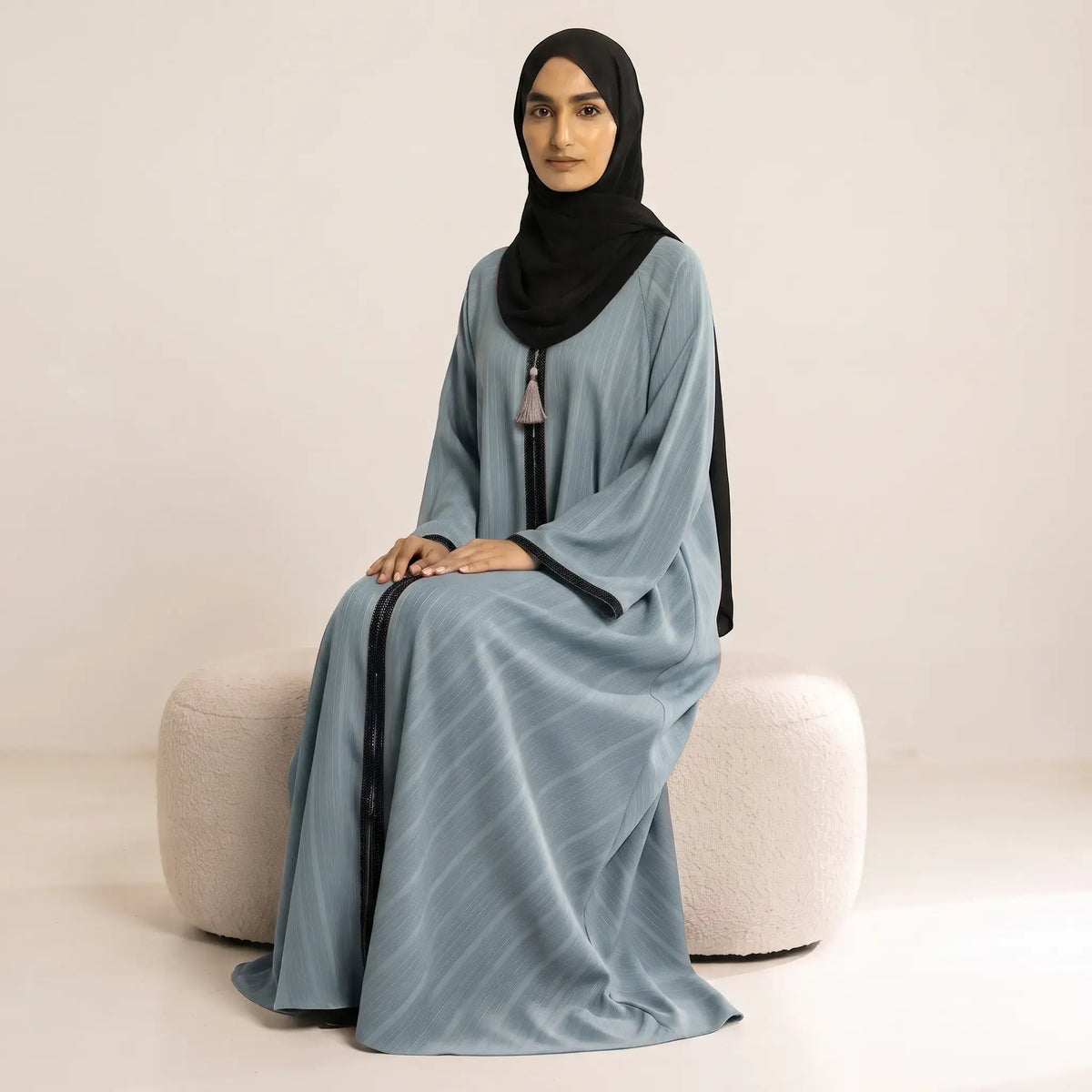 Beaded Herringbone Trim Tassel Front Open Abaya – 2-Piece Set
