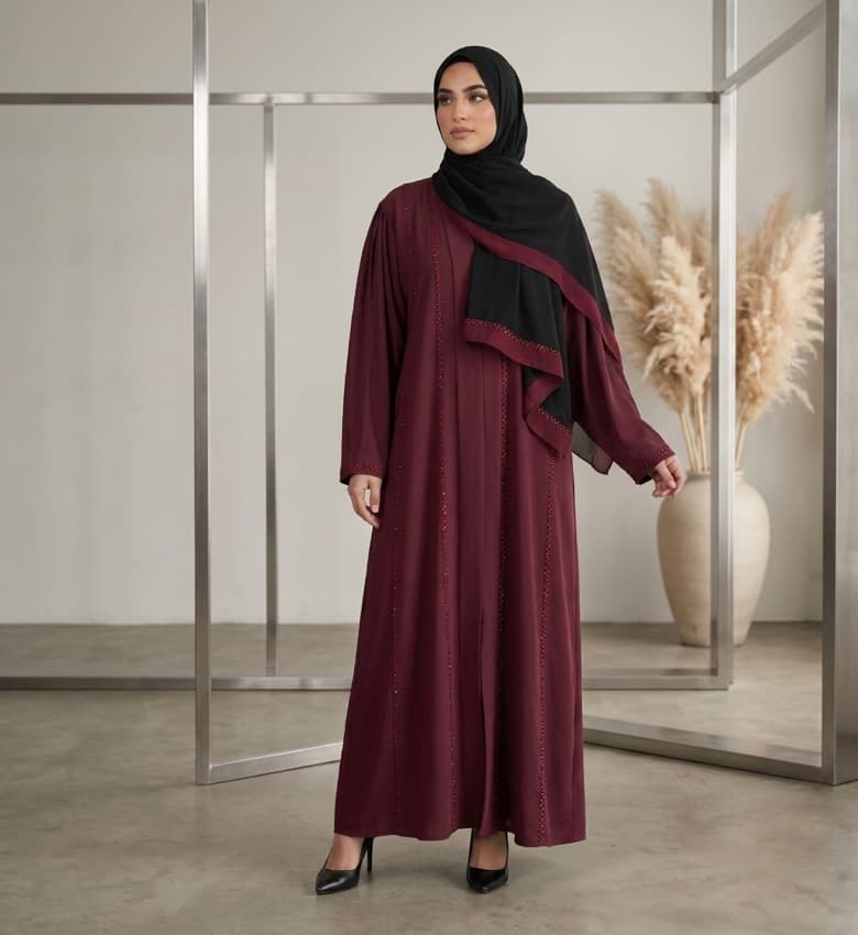 Stone Shimmer Pleated Sleeve Front Open Abaya – 2-Piece Luxury Party Wear Modest Fashion Canada